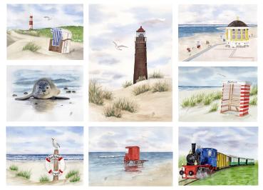 Poster DIN-A3 Watercolor Maritime Art Print North Sea Island Borkum Beach Chair Lighthouse Ocean Dunes